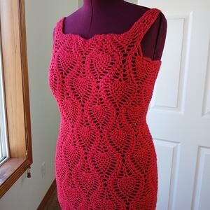 Red Crochet Lace Gown fits M - 2X bodycon midi tube dress swim cover plus size